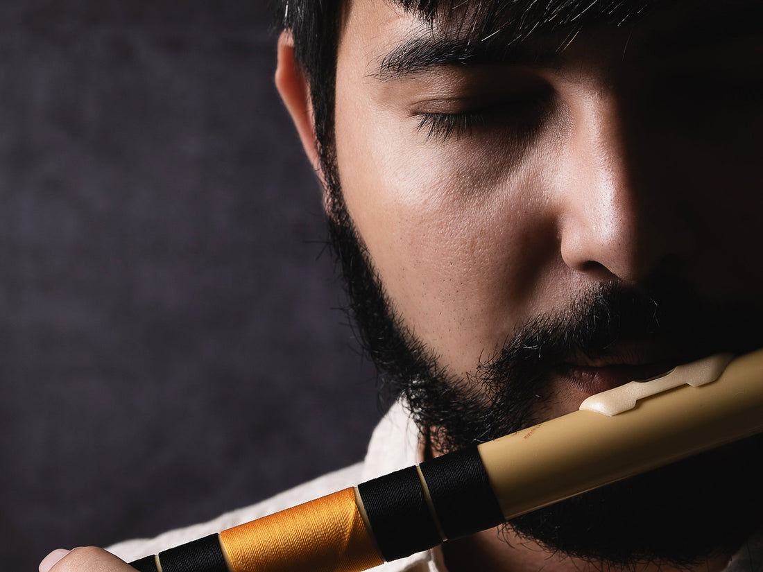 Handcrafted bamboo flutes by Radhe Flutes artisans.