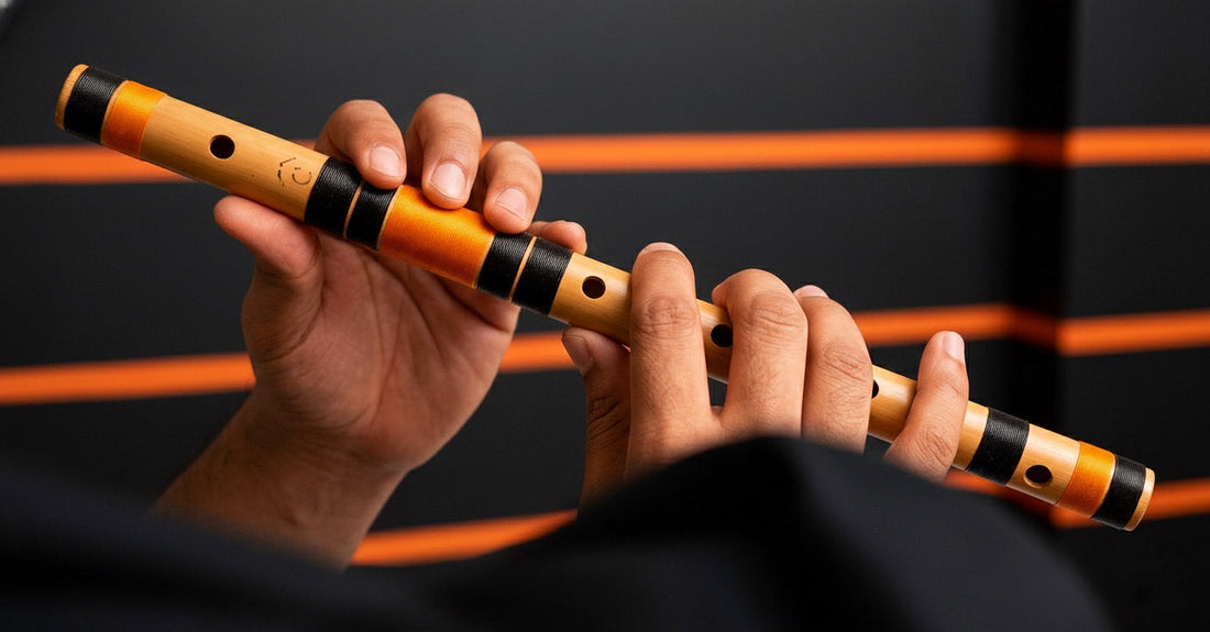 Beginner learning to play a C Natural Middle Bansuri, holding the flute correctly with fingers on the holes.